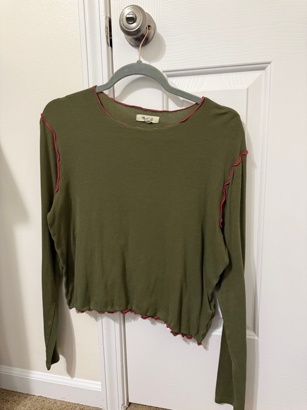 Madewell Olive Long-Sleeve Crop Top with Pink Contrast Stitching